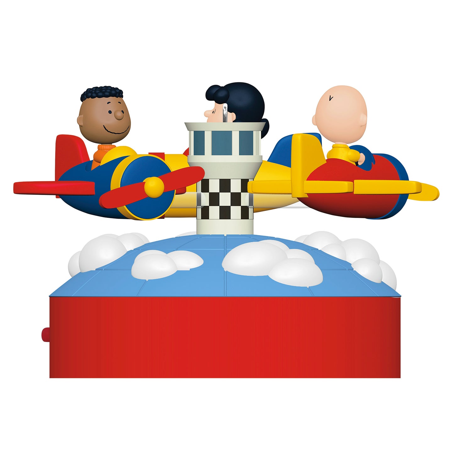 The Peanuts® Gang Off to the Races! Musical With Motion — 2026 Hallmark Keepsake Christmas Ornament, featuring Charlie Brown, Lucy, and Franklin on colourful planes above clouds.