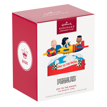The Peanuts® Gang Off to the Races! Musical With Motion — 2026 Hallmark Keepsake Christmas Ornament packaging displaying vibrant design and characters.