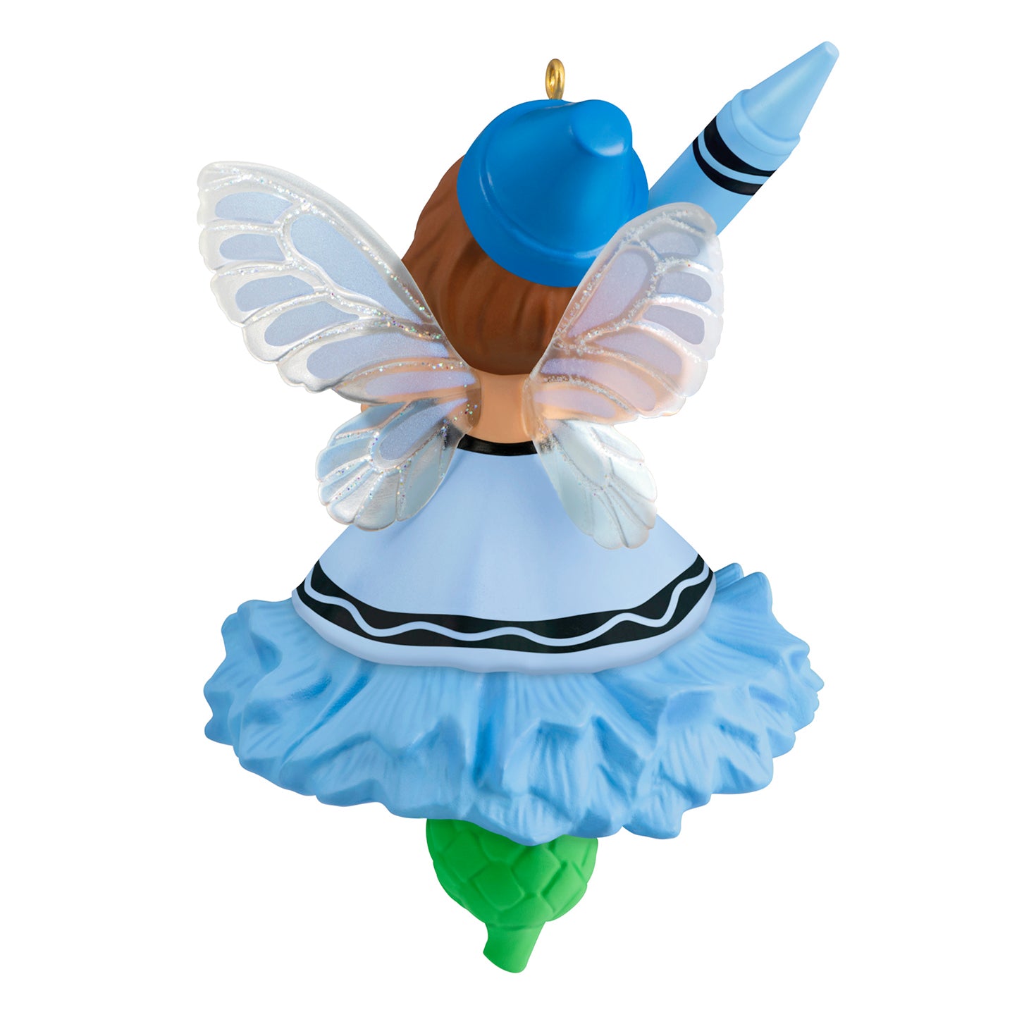 Crayola® Cornflower Fairy — 2026 Hallmark Keepsake Christmas Ornament with blue dress, glittery wings and crayon-shaped hat, angled view.