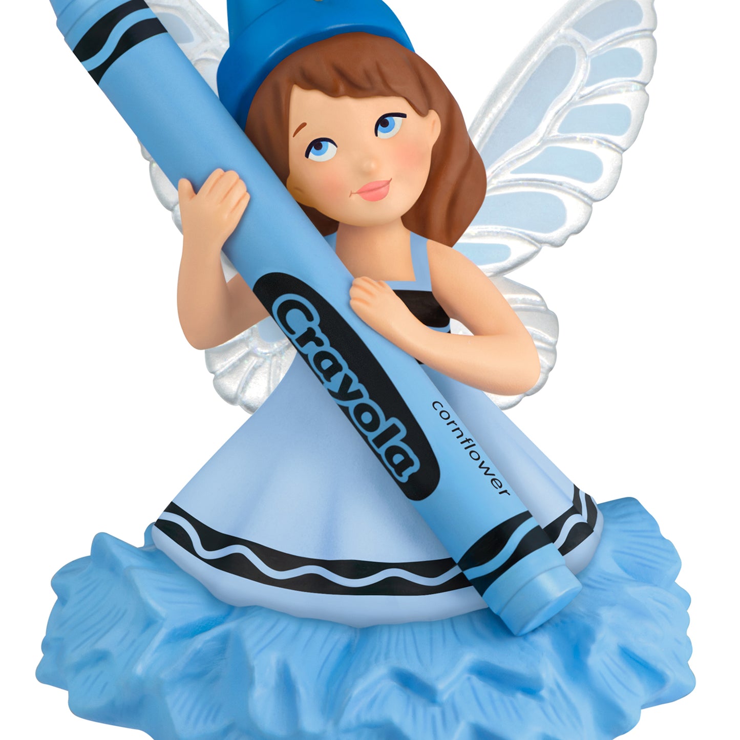 Crayola® Cornflower Fairy — 2026 Hallmark Keepsake Christmas Ornament in blue, featuring glittery wings, holding a crayon.