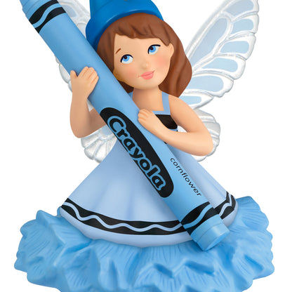 Crayola® Cornflower Fairy — 2026 Hallmark Keepsake Christmas Ornament in blue, featuring glittery wings, holding a crayon.