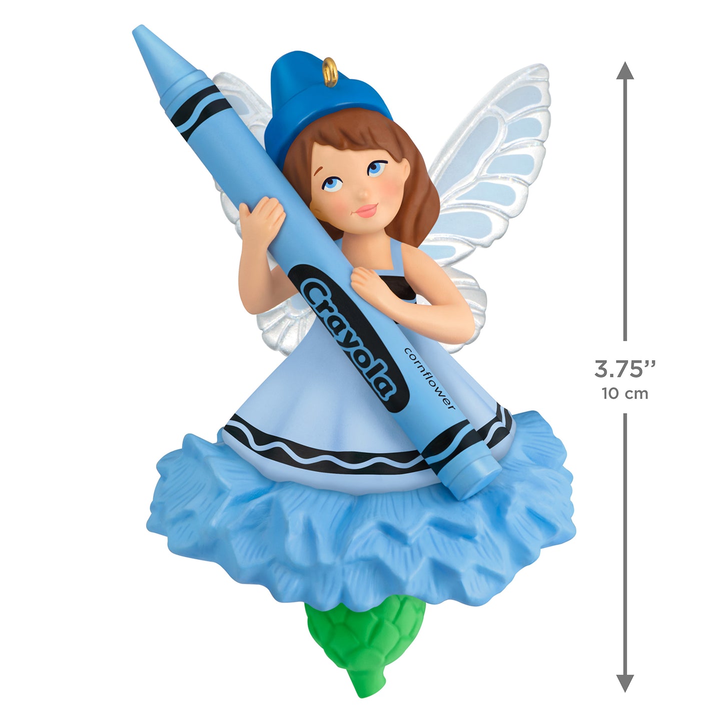 Crayola® Cornflower Fairy — 2026 Hallmark Keepsake Christmas Ornament, 10 cm fairy holding a blue crayon with glitter wings in a detailed view.