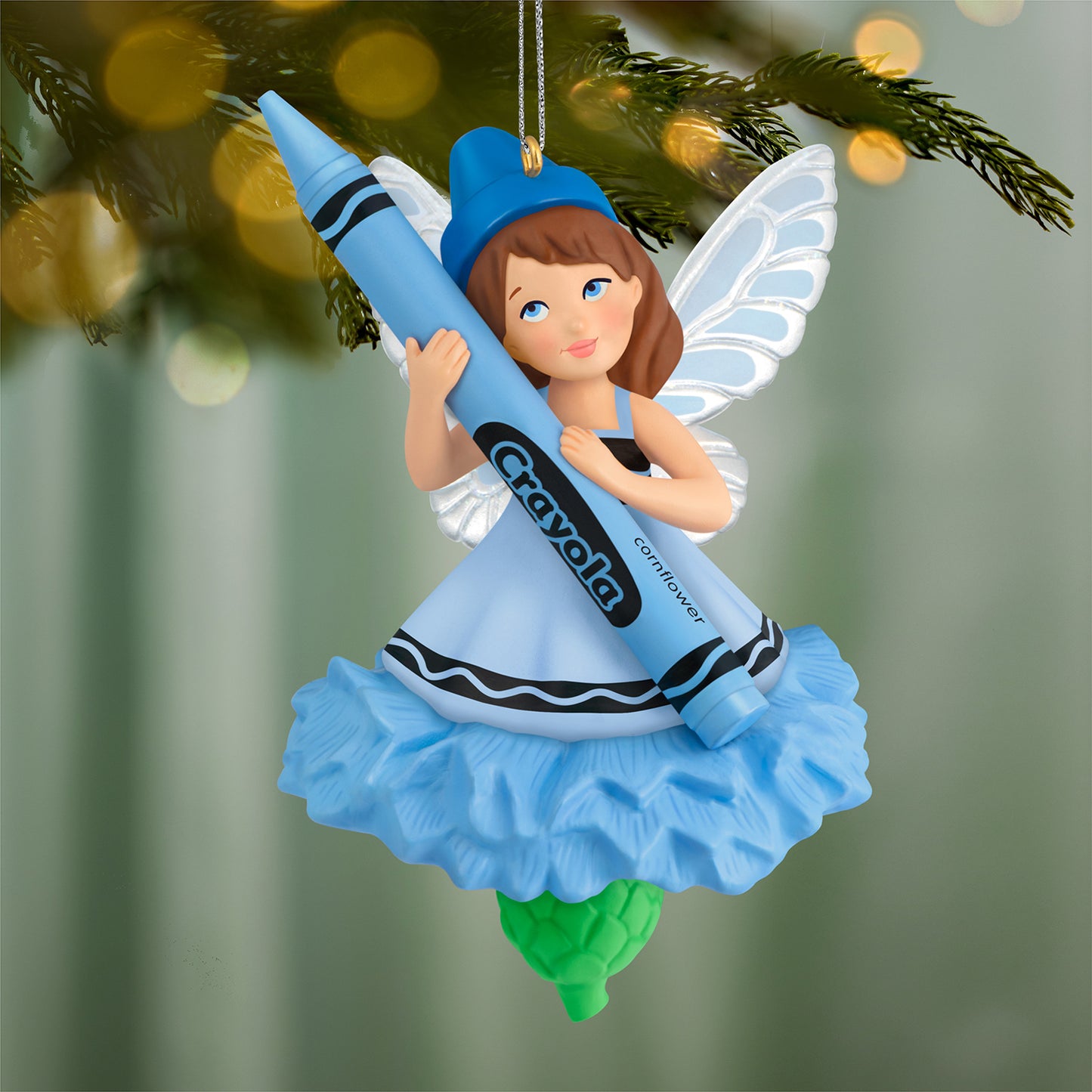 Crayola® Cornflower Fairy — 2026 Hallmark Keepsake Christmas Ornament, blue pixie holding crayon, detailed wings, festive decoration