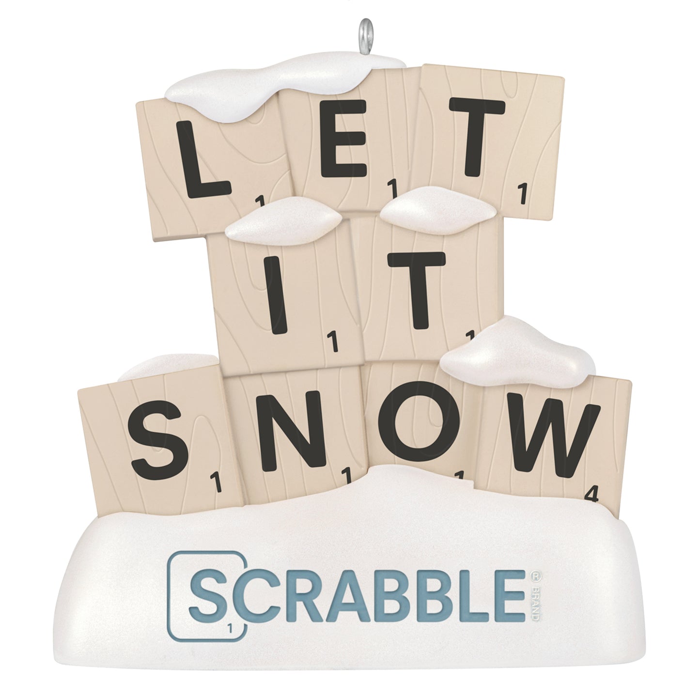 Hasbro® Scrabble Let It Snow — 2026 Hallmark Keepsake Christmas Ornament featuring snow-dusted letter tiles and a game-branded base.
