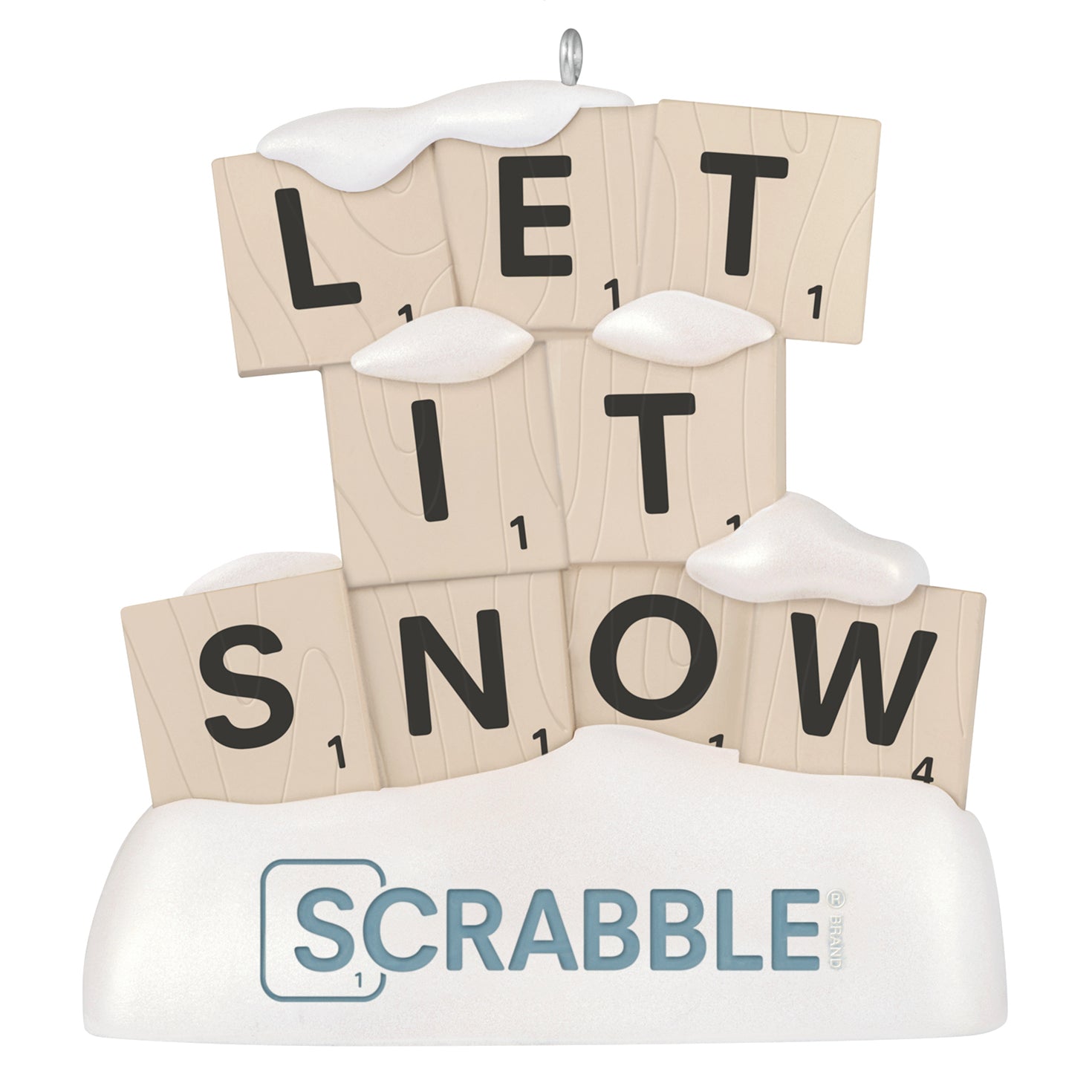 Hasbro® Scrabble Let It Snow — 2026 Hallmark Keepsake Christmas Ornament featuring snow-dusted letter tiles and a game-branded base.