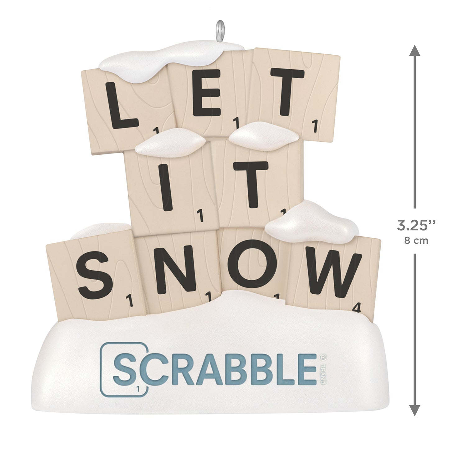 Hasbro® Scrabble Let It Snow — 2026 Hallmark Keepsake Christmas Ornament with snow-covered letter tiles, 8 cm tall.