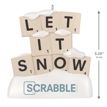 Hasbro® Scrabble Let It Snow — 2026 Hallmark Keepsake Christmas Ornament with snow-covered letter tiles, 8 cm tall.