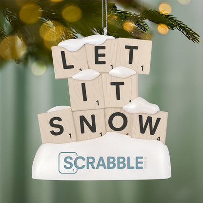 Hasbro® Scrabble Let It Snow — 2026 Hallmark Keepsake Christmas Ornament with letter tiles in a snow bank, festive decor detail.