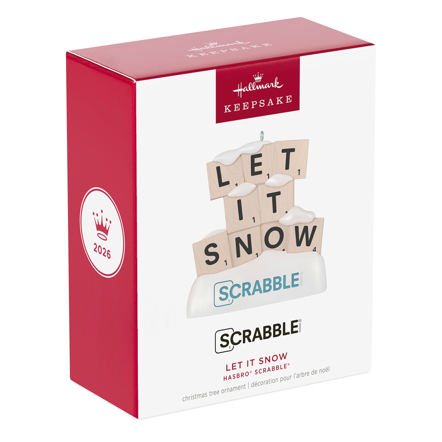 Hasbro® Scrabble Let It Snow — 2026 Hallmark Keepsake Christmas Ornament in decorative packaging featuring letter tiles.