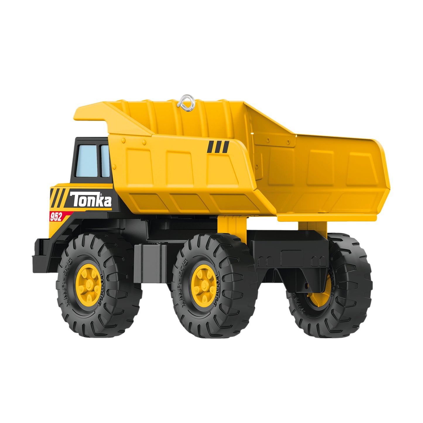 Hasbro® Tonka Mighty Dump Truck — 2026 Hallmark Keepsake Christmas Ornament, detailed side view, iconic yellow and black design.