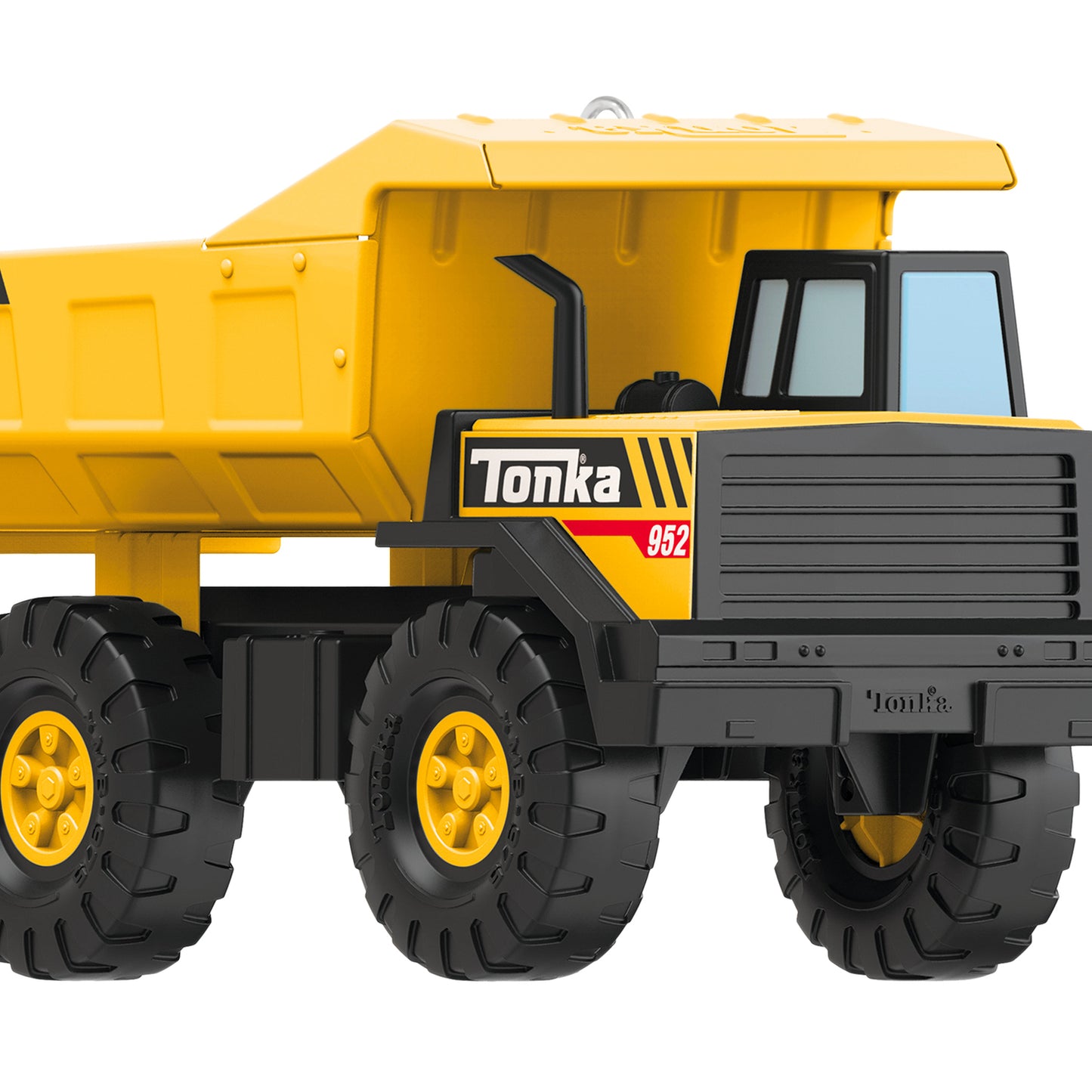 Hasbro® Tonka Mighty Dump Truck — 2026 Hallmark Keepsake Christmas Ornament, side view, detailed design, classic yellow and black colour scheme.