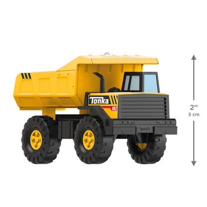 Hasbro® Tonka Mighty Dump Truck — 2026 Hallmark Keepsake Christmas Ornament, yellow and black toy dump truck, side view, 5 cm height.