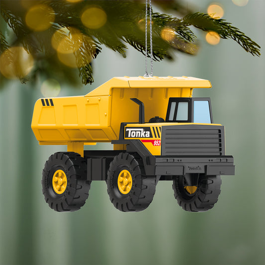 Hasbro® Tonka Mighty Dump Truck — 2026 Hallmark Keepsake Christmas Ornament in vibrant yellow, displayed hanging on a tree