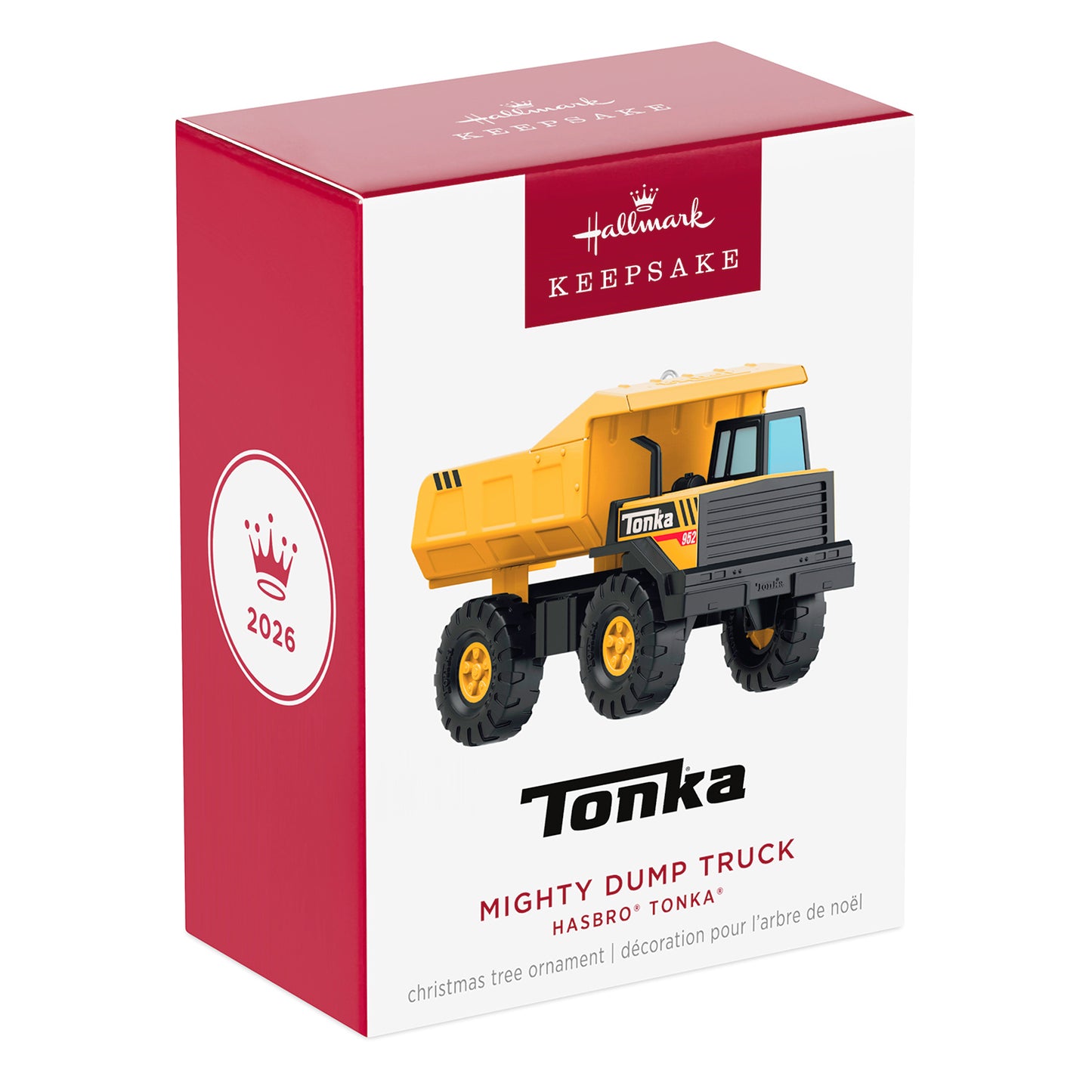 Hasbro® Tonka Mighty Dump Truck — 2026 Hallmark Keepsake Christmas Ornament, red box packaging with detailed graphics and model design.