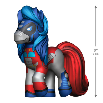 Hasbro® My Little Pony® Transformers™ My Little Prime — 2026 Hallmark Keepsake Christmas Ornament, 8 cm retro pony with blue mane and red tail in Autobot armour, side view.