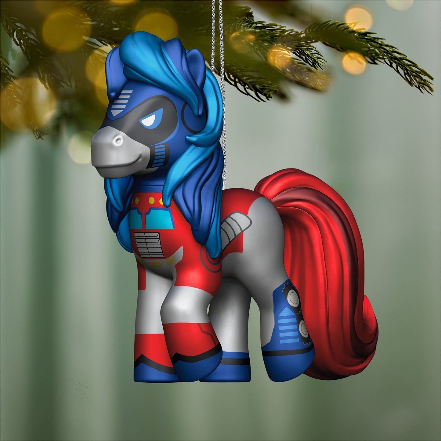Hasbro® My Little Pony® Transformers™ My Little Prime — 2026 Hallmark Keepsake Christmas Ornament in red and blue, hanging from a tree branch, detailed design.