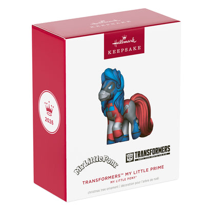 Hasbro® My Little Pony® Transformers™ My Little Prime — 2026 Hallmark Keepsake Christmas Ornament in a colourful box, featuring a blue and red pony design.