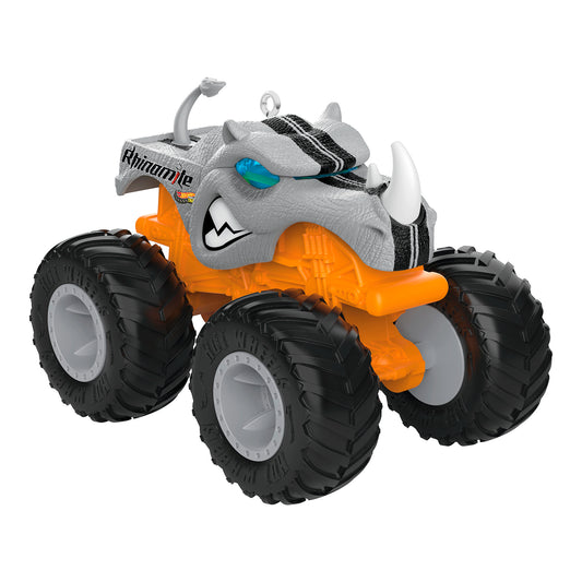 Hot Wheels Monster Trucks™ Rhinomite™ — 2026 Hallmark Keepsake Christmas Ornament, orange body with rhinoceros head detail, angled view