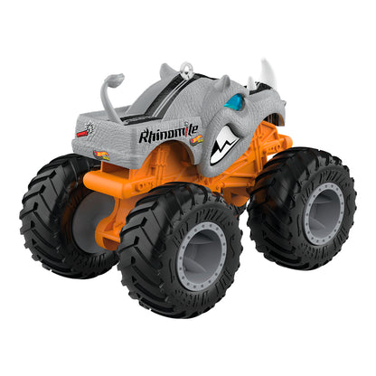Hot Wheels Monster Trucks™ Rhinomite™ — 2026 Hallmark Keepsake Christmas Ornament, vibrant orange body with rhino head detail, angled view.