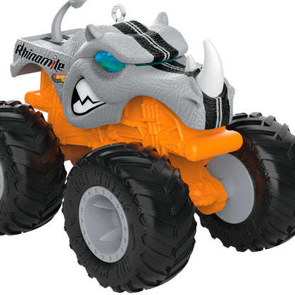 Hot Wheels Monster Trucks™ Rhinomite™ — 2026 Hallmark Keepsake Christmas Ornament in vibrant orange with gray rhinoceros head detail.