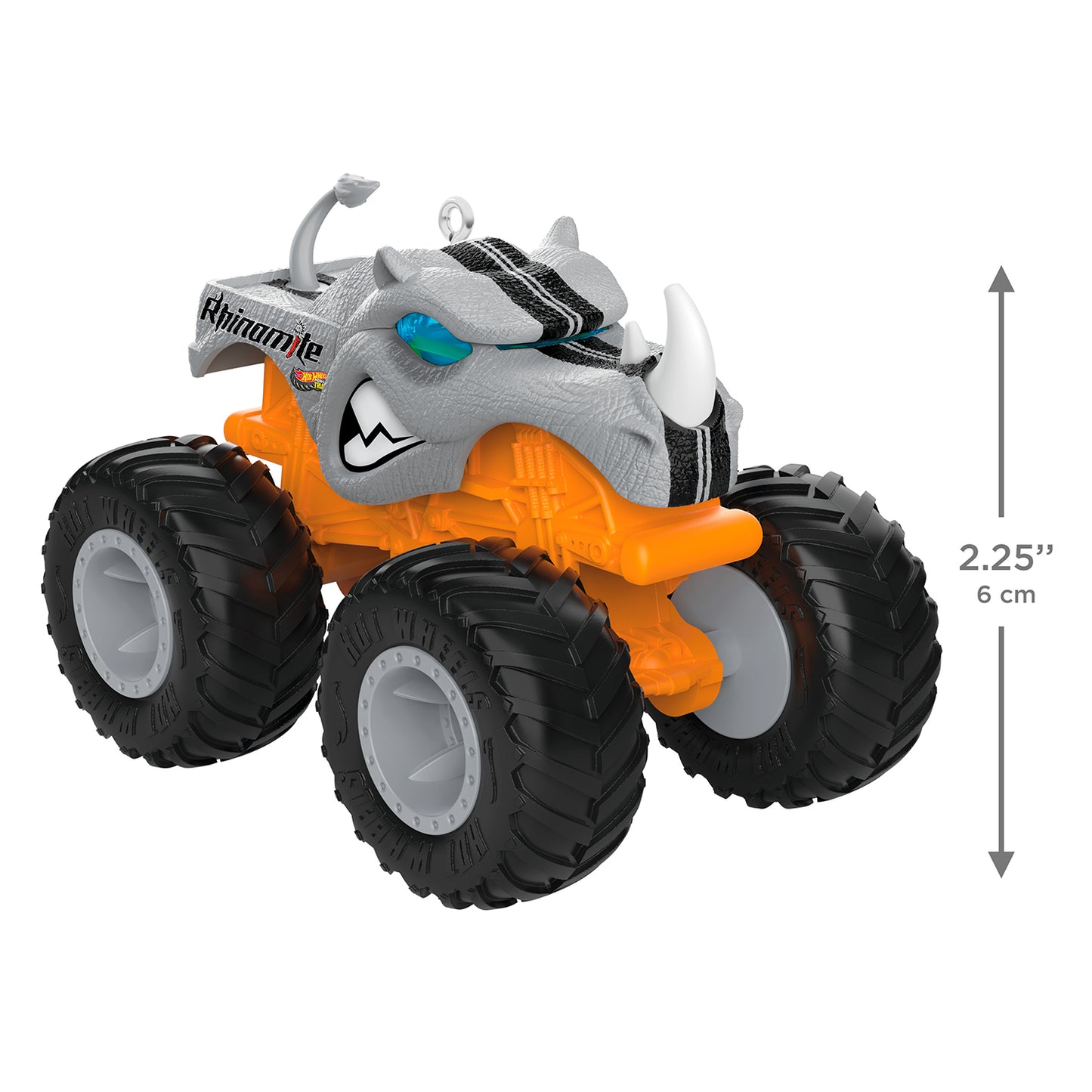 Hot Wheels Monster Trucks™ Rhinomite™ — 2026 Hallmark Keepsake Christmas Ornament, vibrant orange body, angled view showcasing detail and size.