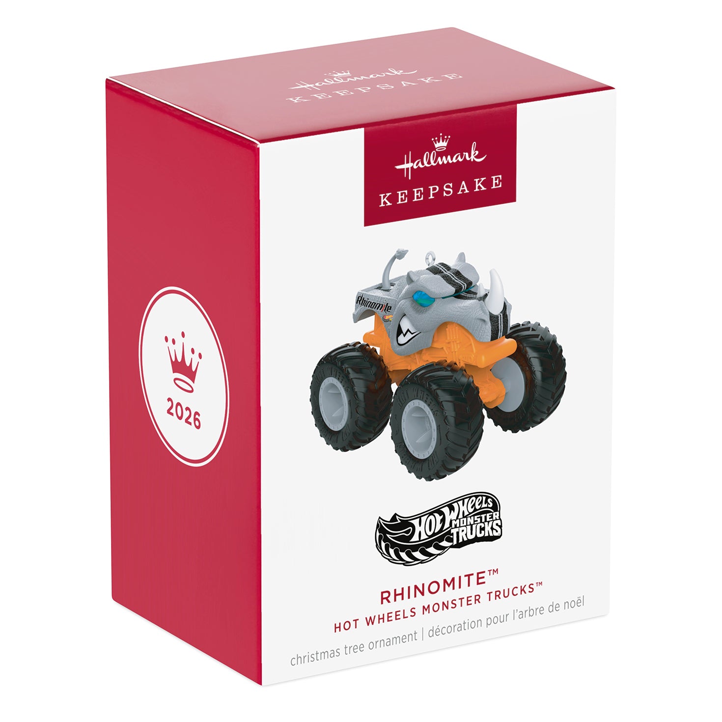Hot Wheels Monster Trucks™ Rhinomite™ — 2026 Hallmark Keepsake Christmas Ornament in vibrant packaging with rhinoceros head design.