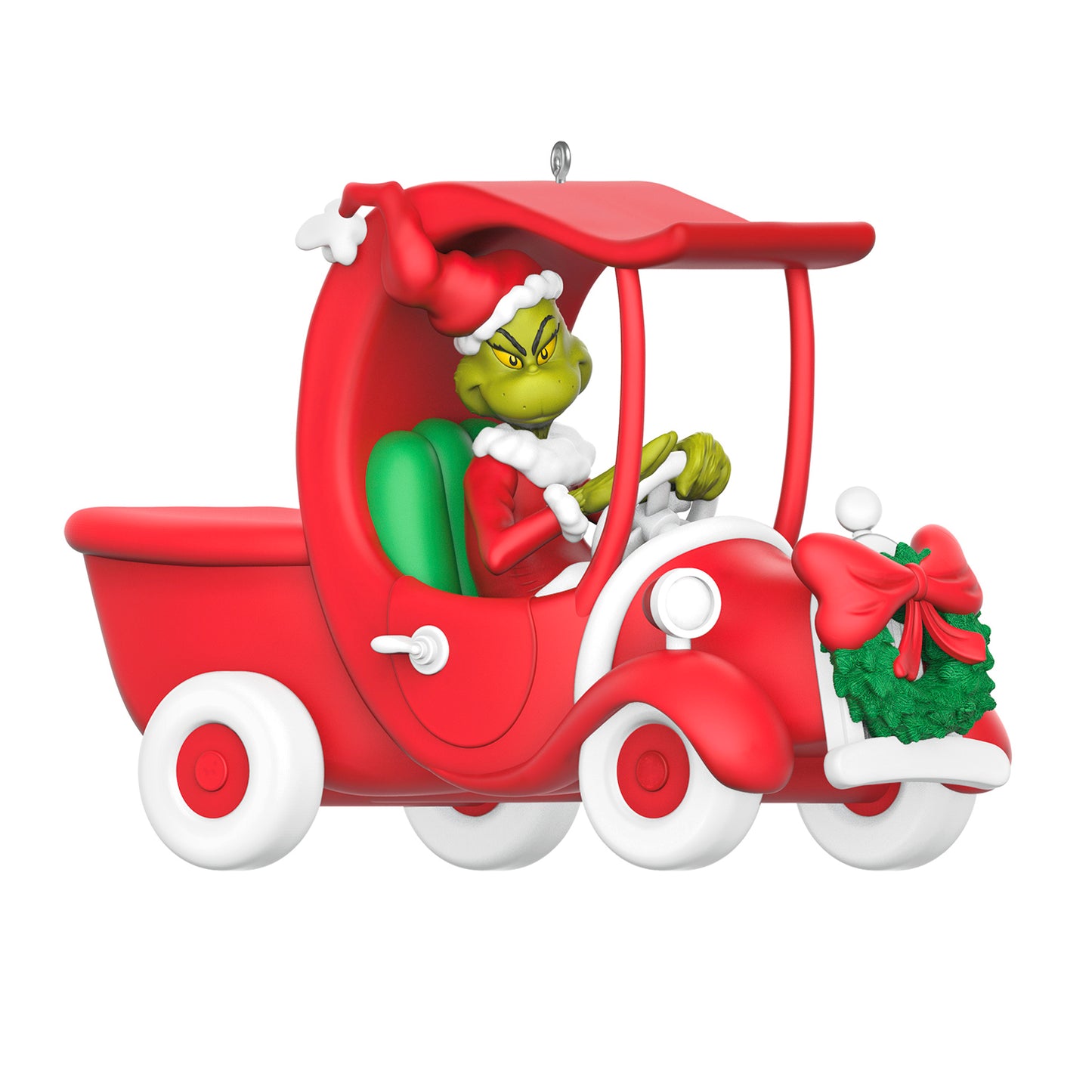 Dr. Seuss's How the Grinch Stole Christmas! A Grinchy Sleigh On the Way — 2026 Hallmark Keepsake Christmas Ornament featuring the Grinch in a red truck with a Christmas wreath detail.
