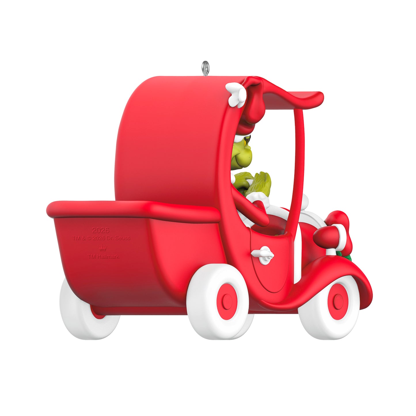 Dr. Seuss's How the Grinch Stole Christmas! A Grinchy Sleigh On the Way — 2026 Hallmark Keepsake Christmas Ornament, festive red truck, close-up view, detailed design