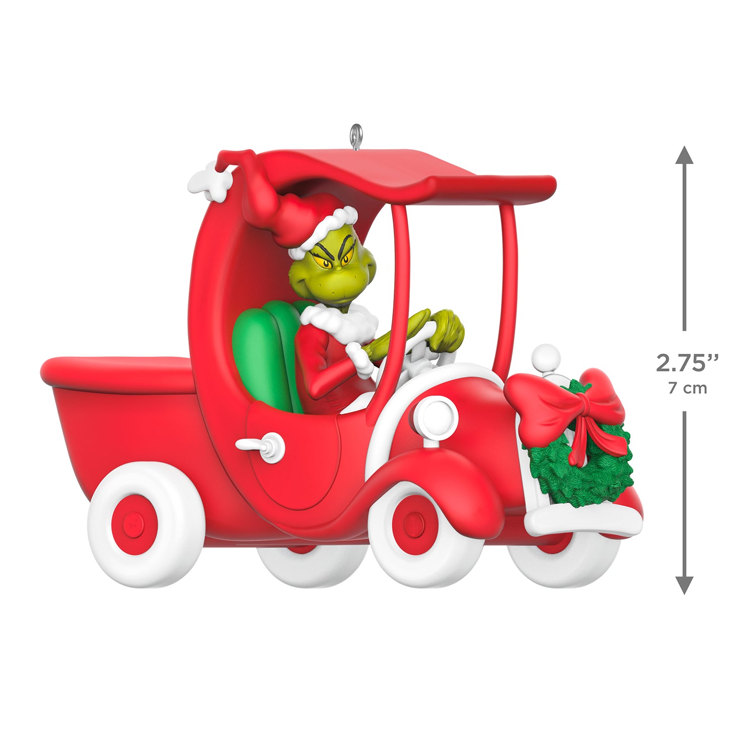 Dr. Seuss's How the Grinch Stole Christmas! A Grinchy Sleigh On the Way — 2026 Hallmark Keepsake Christmas Ornament featuring the Grinch in a red truck with a wreath.