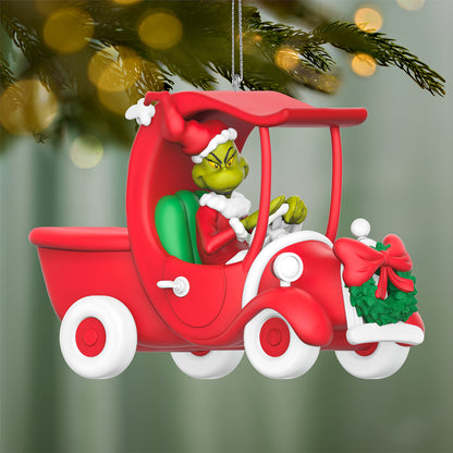 Dr. Seuss's How the Grinch Stole Christmas! A Grinchy Sleigh On the Way — 2026 Hallmark Keepsake Christmas Ornament in a red truck with a wreath.