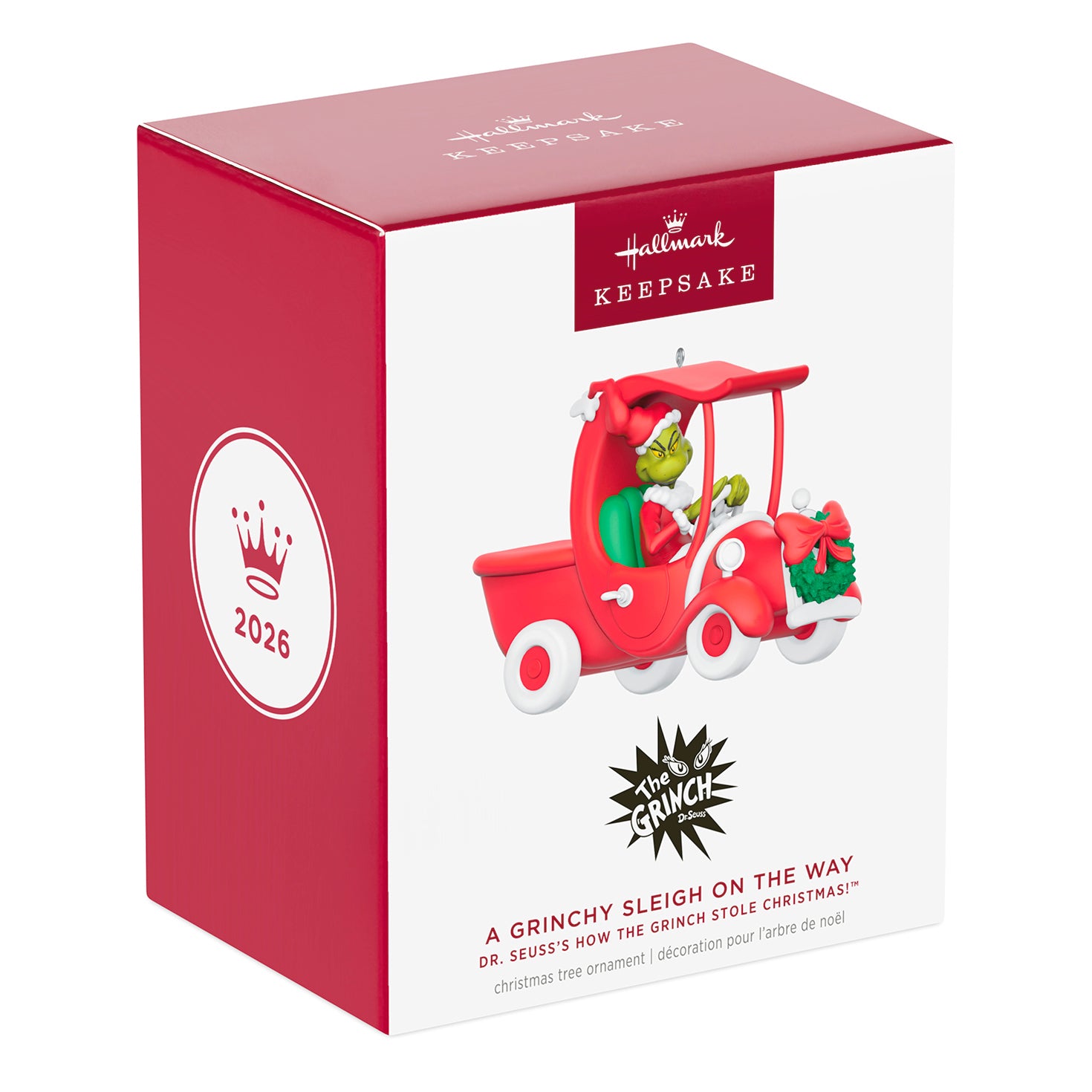 Dr. Seuss's How the Grinch Stole Christmas! A Grinchy Sleigh On the Way — 2026 Hallmark Keepsake Christmas Ornament box design featuring Grinch in red truck.