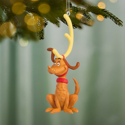 Dr. Seuss's How the Grinch Stole Christmas! Max the Reindeer Dog — 2026 Hallmark Keepsake Christmas Ornament, close up view with reindeer antlers.