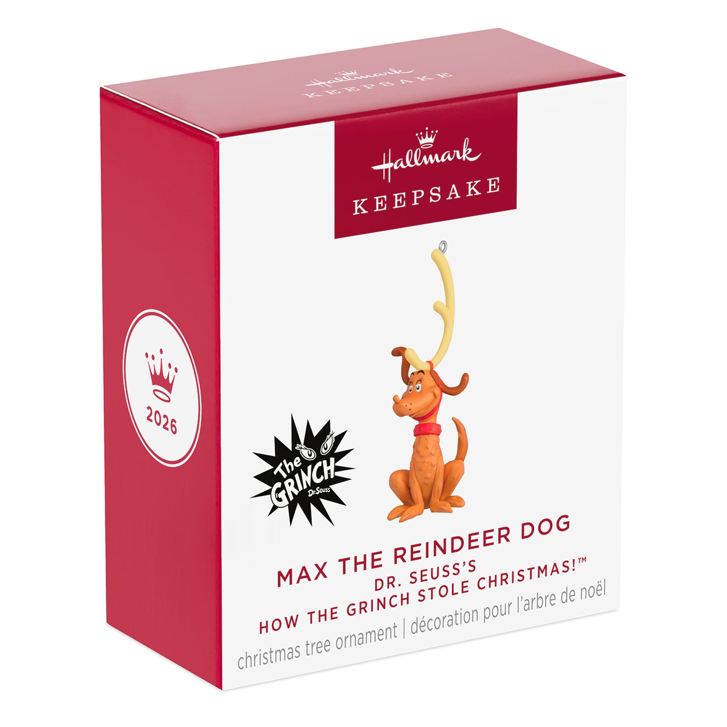 Dr. Seuss's How the Grinch Stole Christmas! Max the Reindeer Dog 2026 Hallmark Keepsake Christmas Ornament packaging, vibrant colours and character details.