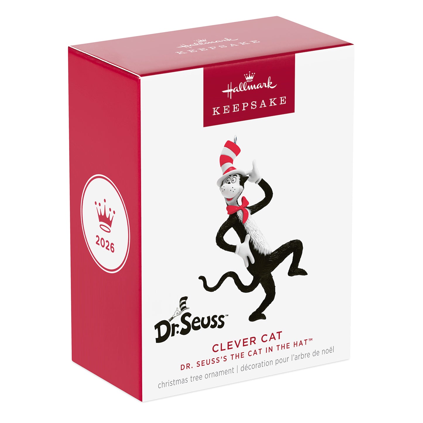 Dr. Seuss's The Cat in the Hat Clever Cat — 2026 Hallmark Keepsake Christmas Ornament packaging, vibrant red box design with character details.