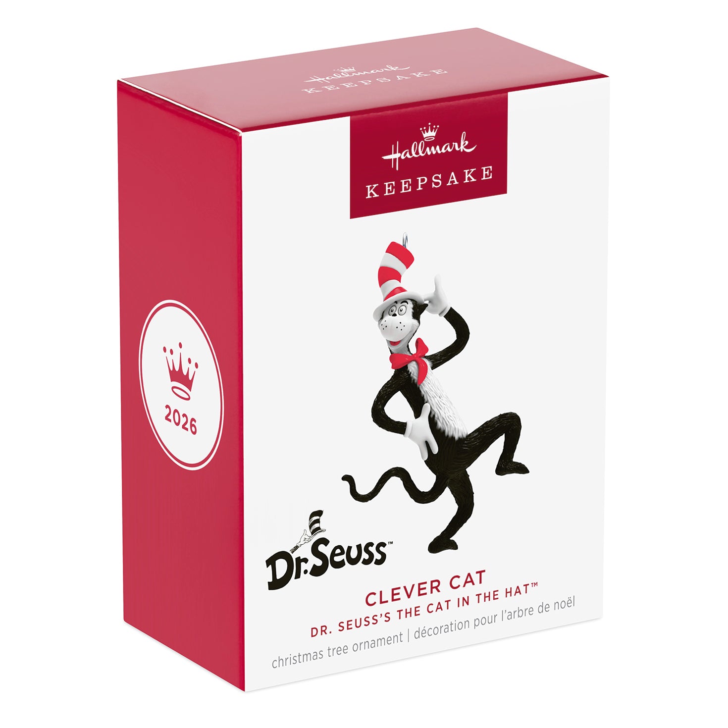 Dr. Seuss's The Cat in the Hat Clever Cat — 2026 Hallmark Keepsake Christmas Ornament packaging, vibrant red box design with character details.