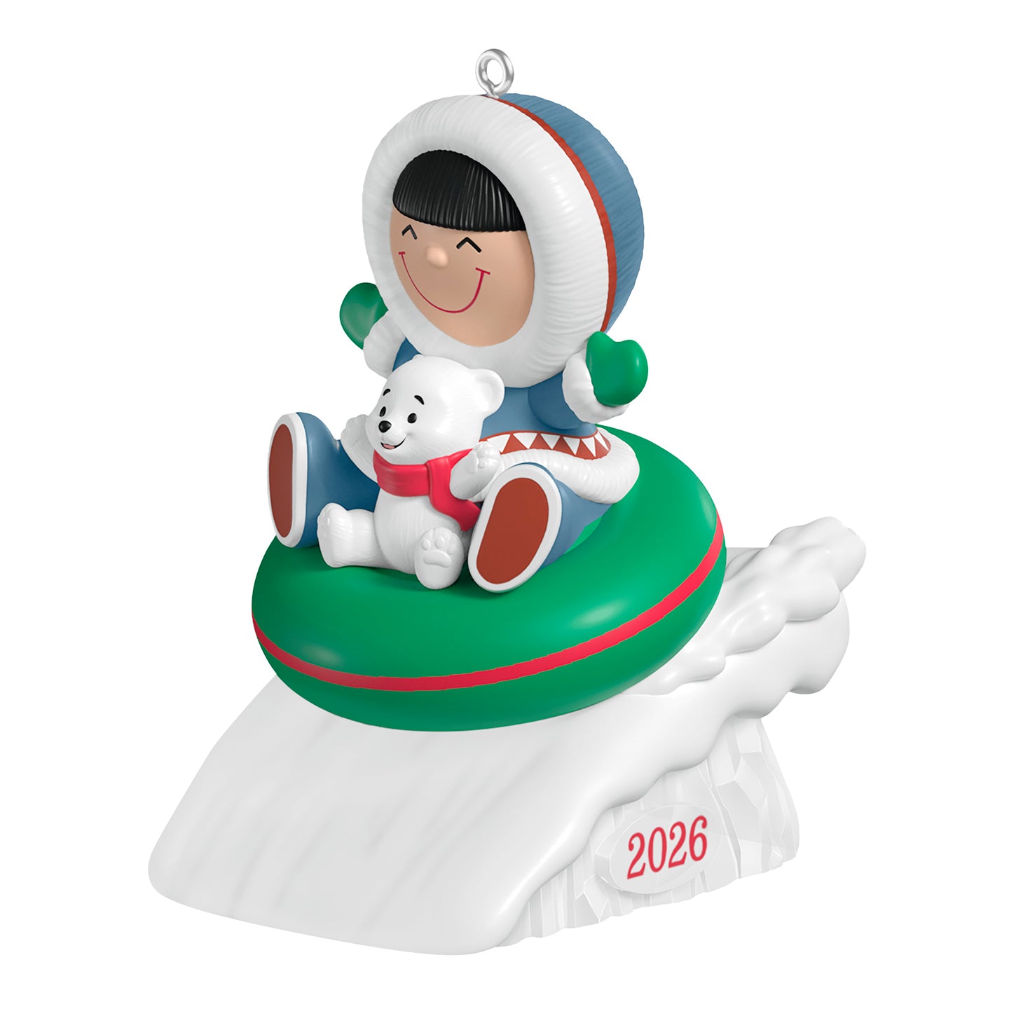 Frosty Friends 2026 — 2026 Hallmark Keepsake Christmas Ornament featuring a cheerful child in a parka with a polar bear on a colourful tubing, snow detail.