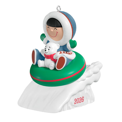 Frosty Friends 2026 — 2026 Hallmark Keepsake Christmas Ornament featuring a cheerful child in a parka with a polar bear on a colourful tubing, snow detail.