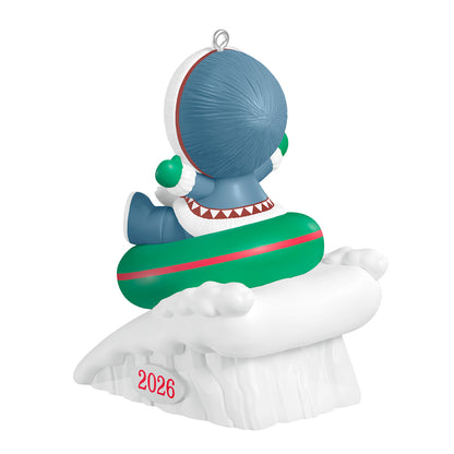 Frosty Friends 2026 — 2026 Hallmark Keepsake Christmas Ornament, featuring a joyful snow child on a green and red tube, detailed design.