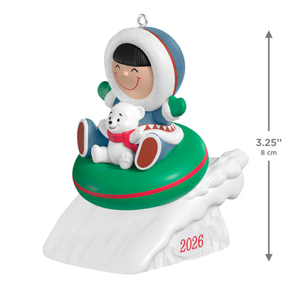 Frosty Friends 2026 — 2026 Hallmark Keepsake Christmas Ornament featuring a child and polar bear on a green tube, detailed snowy base, 3.25 inch.