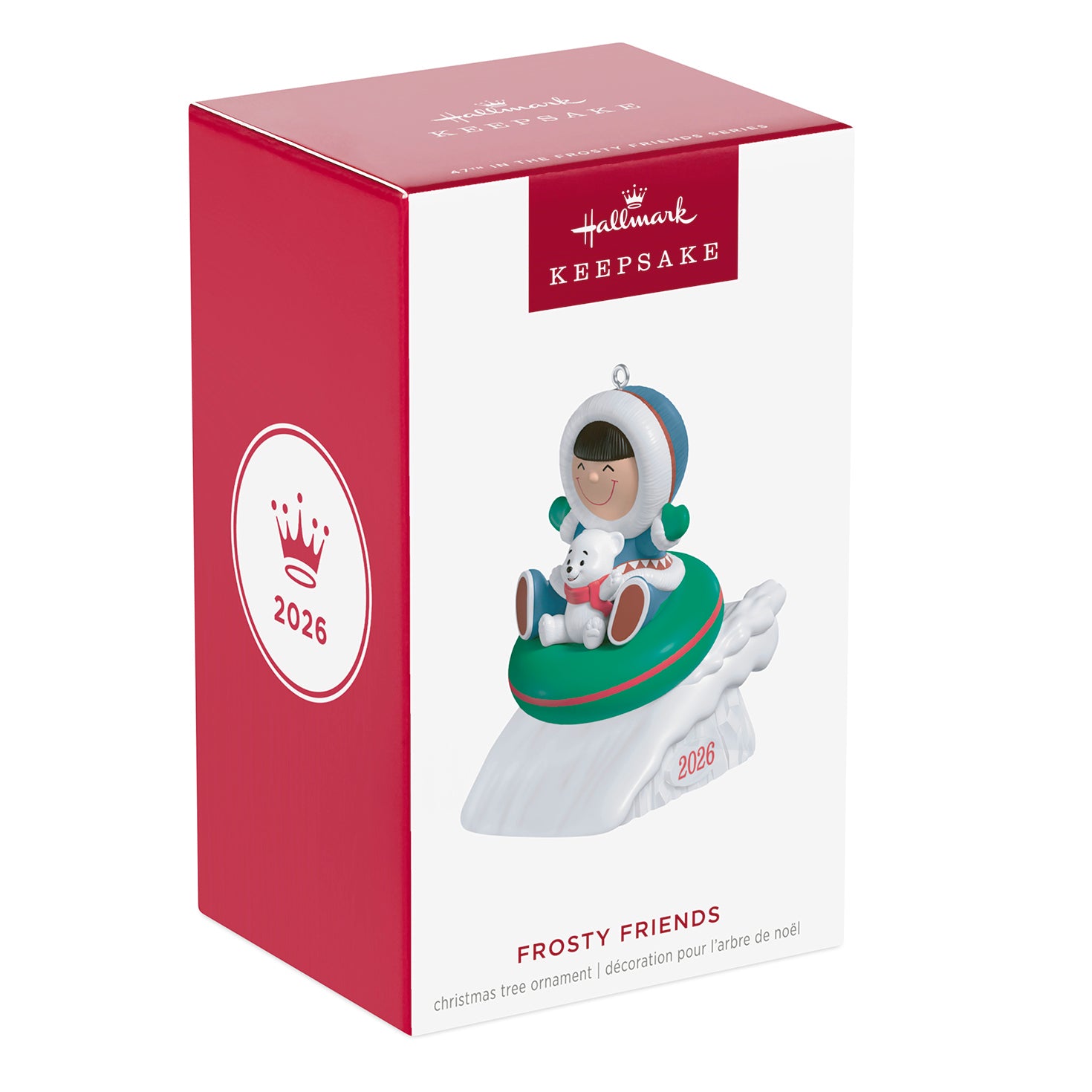 Frosty Friends 2026 — 2026 Hallmark Keepsake Christmas Ornament in festive packaging featuring a smiling child and polar bear.