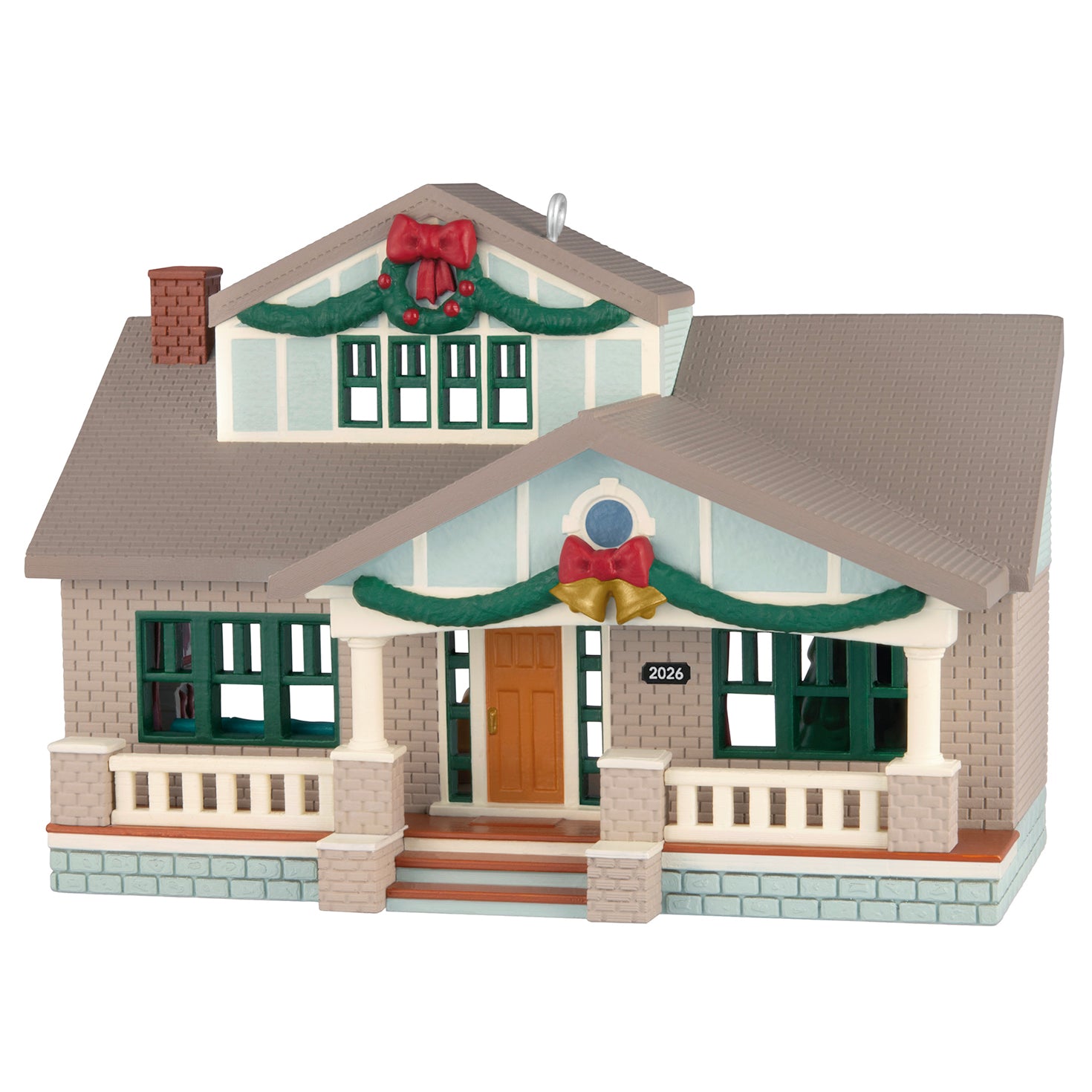 Nostalgic Houses and Shops Arts and Crafts Bungalow — 2026 Hallmark Keepsake Christmas Ornament, decorated with garlands and bows in a front view.