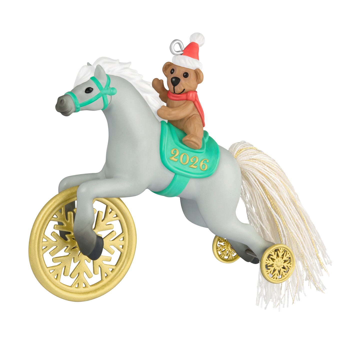 A Pony for Christmas, 29th in the Series — 2026 Hallmark Keepsake Christmas Ornament featuring a teddy bear in a Santa hat on a gray pony with gold snowflake wheels.