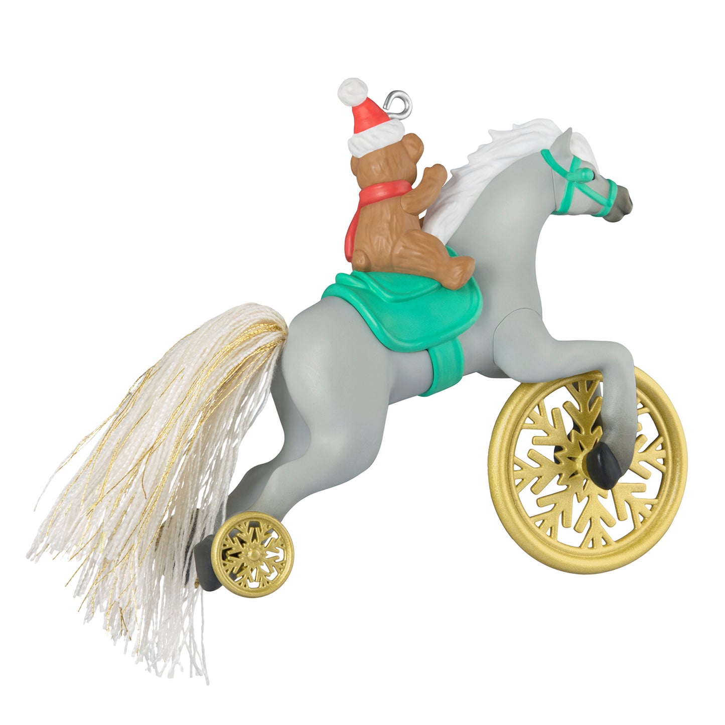 A Pony for Christmas, 29th in the Series — 2026 Hallmark Keepsake Christmas Ornament featuring a teddy bear in a Santa hat riding a gray pony with gold wheels.