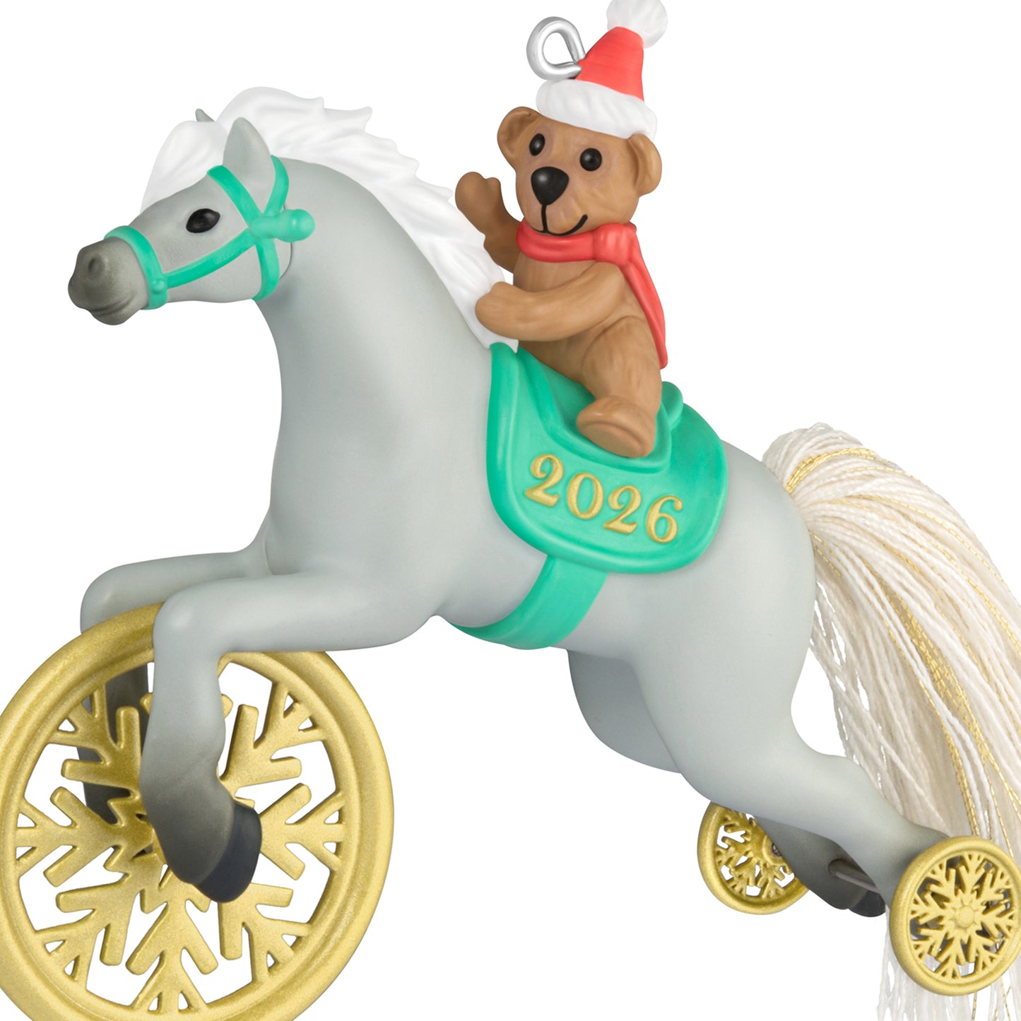 A Pony for Christmas, 29th in the Series — 2026 Hallmark Keepsake Christmas Ornament featuring a teddy bear in a Santa hat on a gray pony with gold wheels.