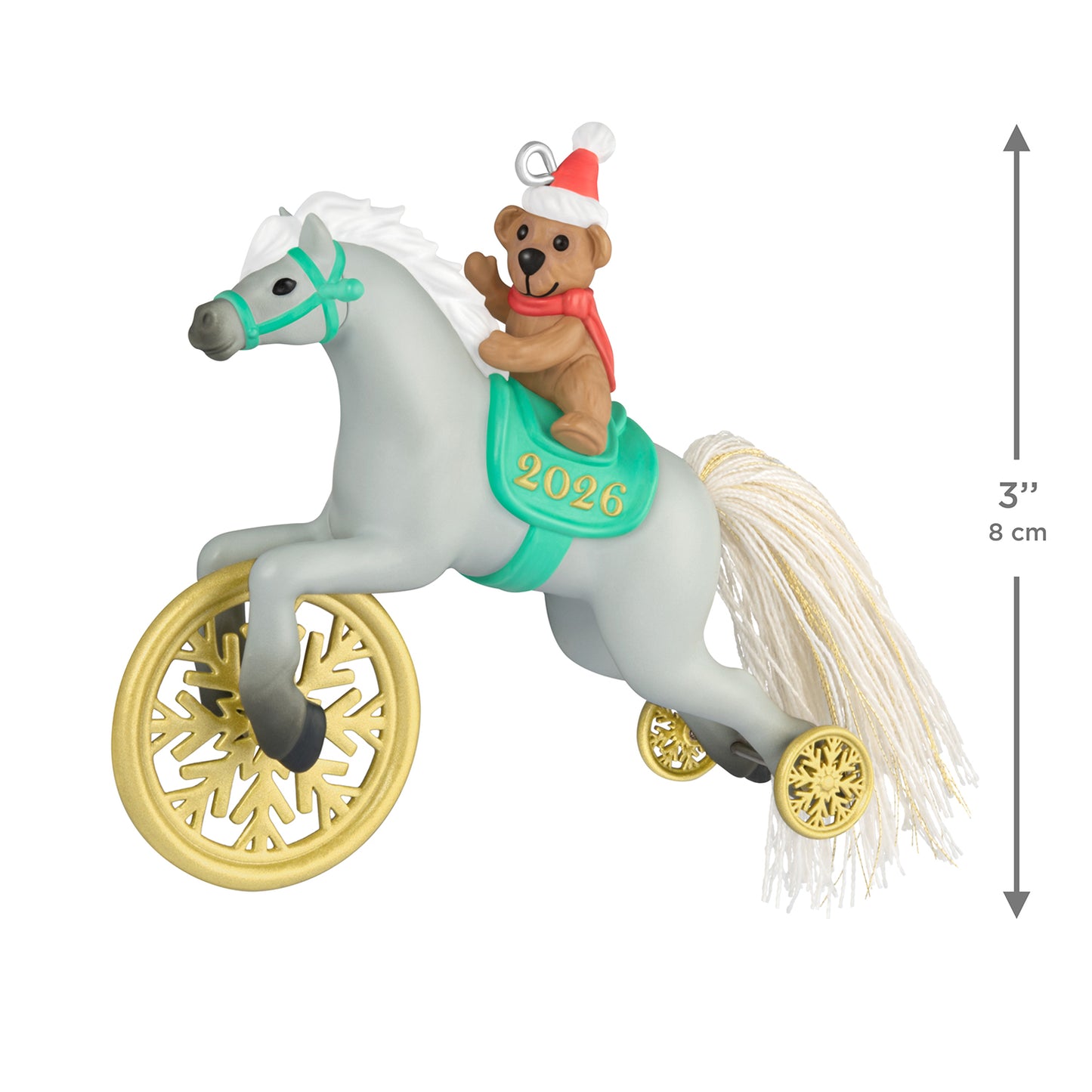 A Pony for Christmas, 29th in the Series — 2026 Hallmark Keepsake Christmas Ornament featuring a gray toy pony with a bear in a Santa hat and shimmery wheels.