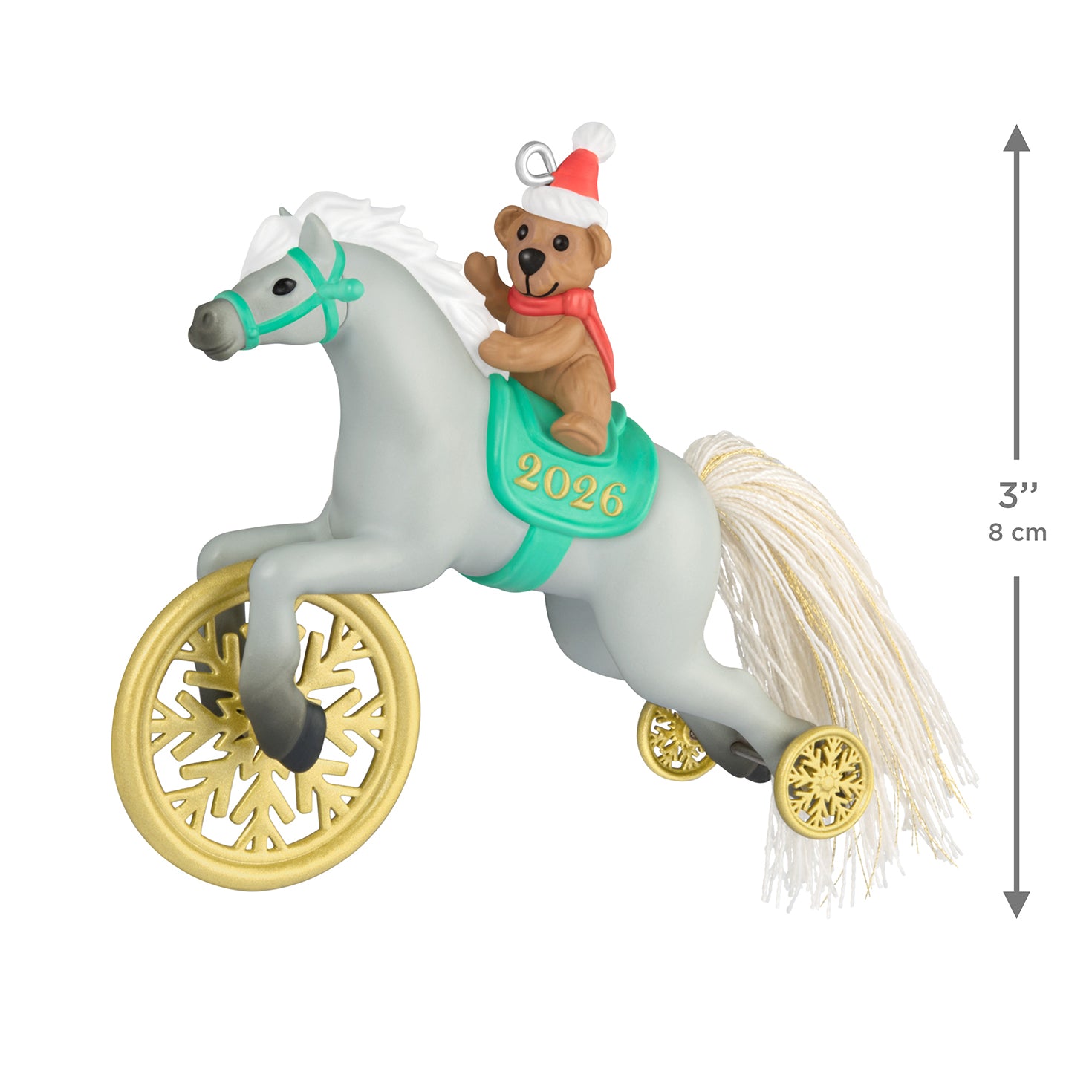 A Pony for Christmas, 29th in the Series — 2026 Hallmark Keepsake Christmas Ornament featuring a gray toy pony with a bear in a Santa hat and shimmery wheels.