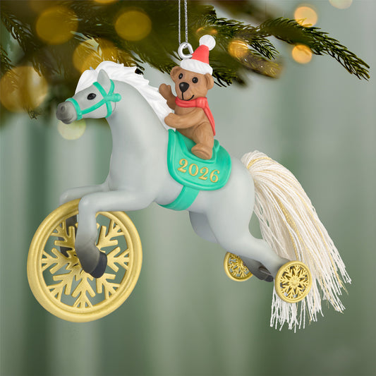 A Pony for Christmas, 29th in the Series — 2026 Hallmark Keepsake Christmas Ornament, featuring a toy pony and teddy bear with snowflake wheels.
