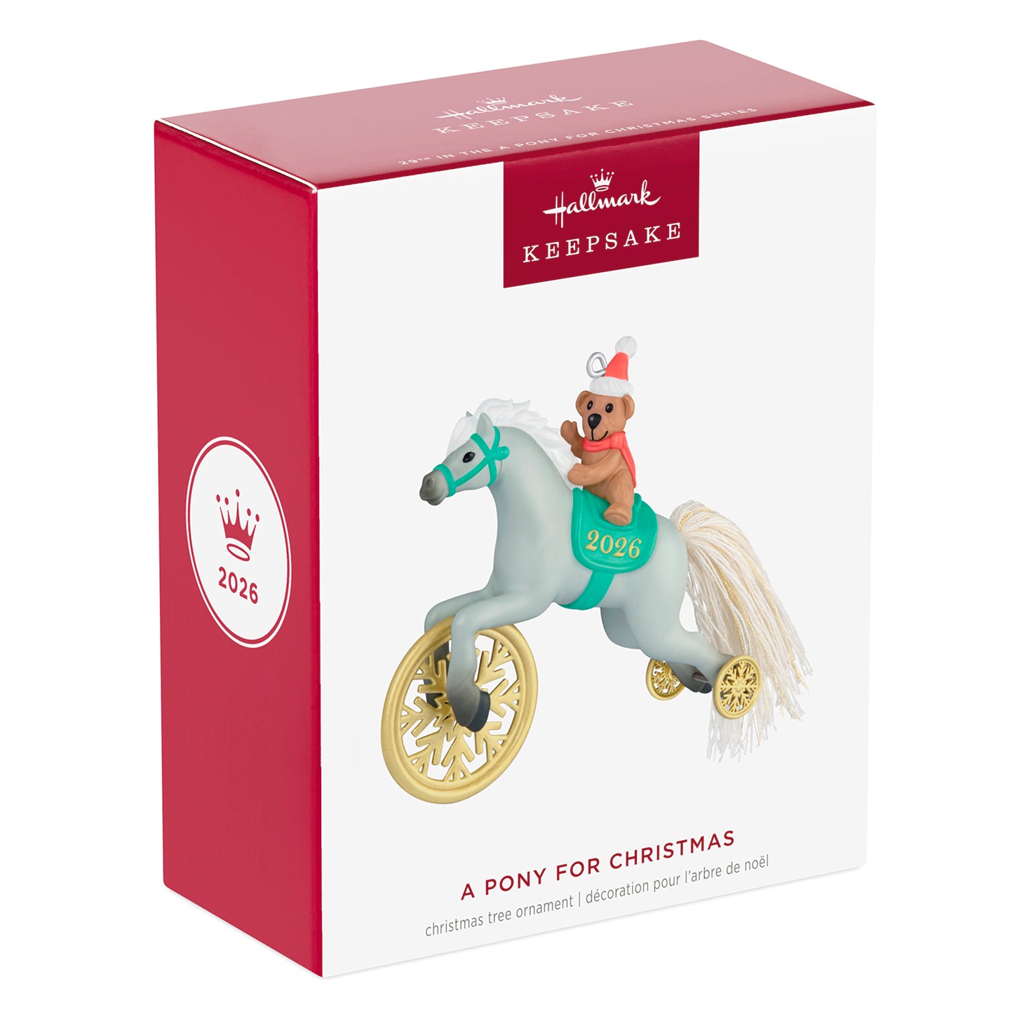 A Pony for Christmas, 29th in the Series — 2026 Hallmark Keepsake Christmas Ornament in gift box packaging with gold wheels.