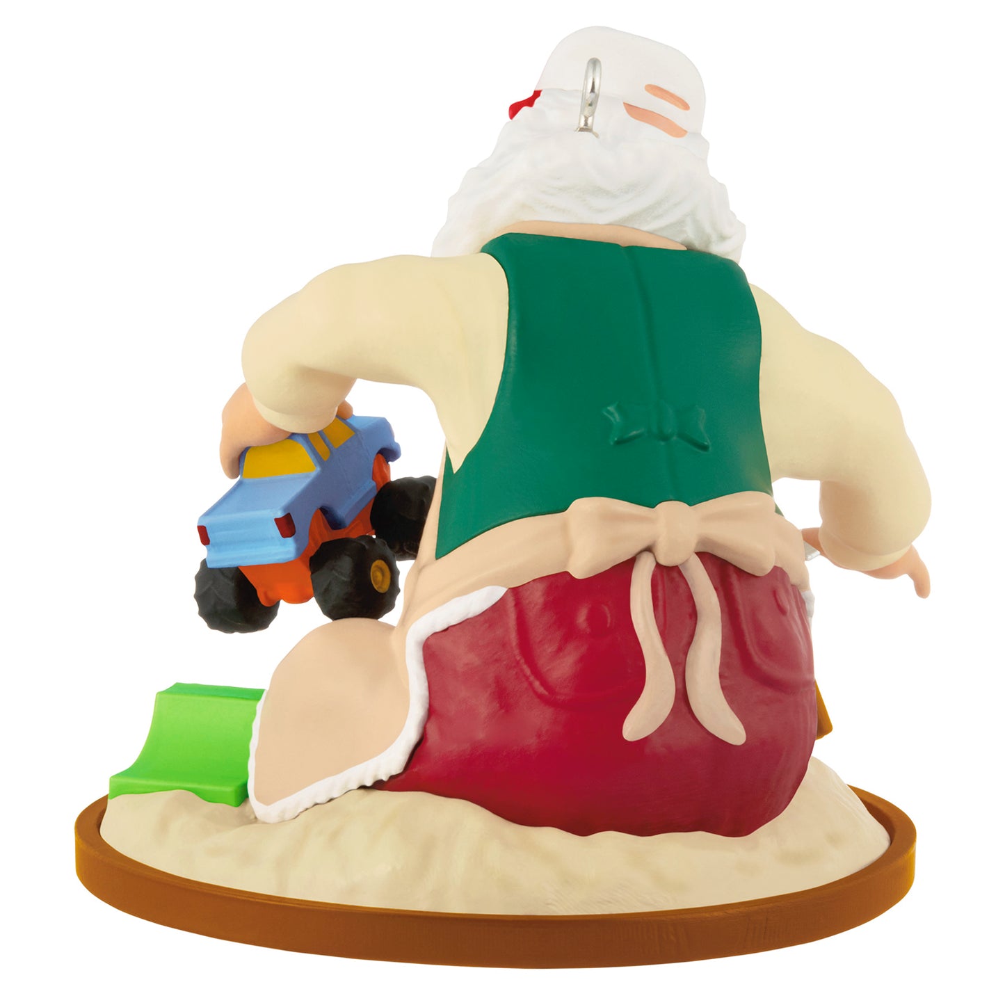 Toymaker Santa, 27th in the Series — 2026 Hallmark Keepsake Christmas Ornament, rear view with monster truck in the sand.