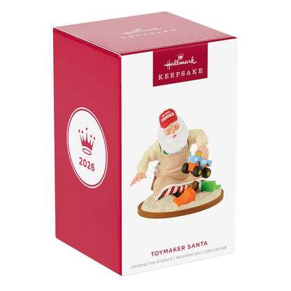 Toymaker Santa, 27th in the Series — 2026 Hallmark Keepsake Christmas Ornament in packaging, featuring Santa testing a toy truck.